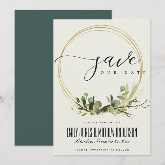 RUSTIGE WITTE BLAUWGROENE GOUDE BLADEREN WATERVERF SAVE THE DATE (Voorkant / Achterkant)
