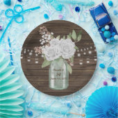 Rustige witte bloederige landhouten Mason Jar Wedd Papieren Bordje (Feest)