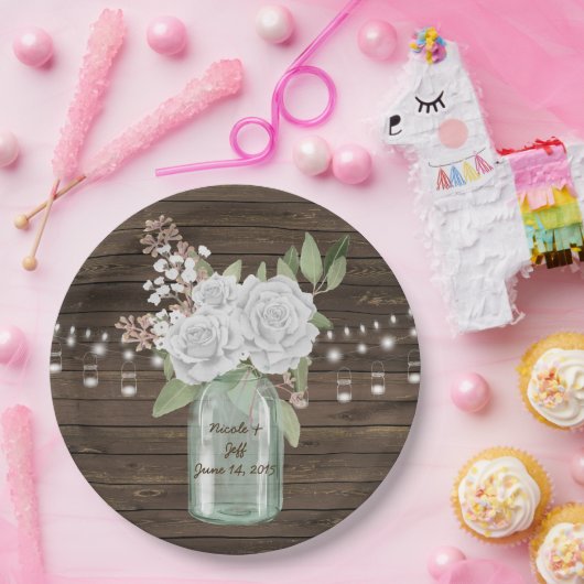 Rustige witte bloederige landhouten Mason Jar Wedd Papieren Bordje (Feest)