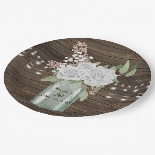 Rustige witte bloederige landhouten Mason Jar Wedd Papieren Bordje (Gekanteld)