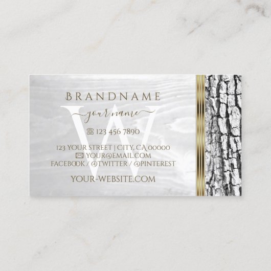 Rustige witte boom Bark Grain Gold Border Monogram Visitekaartje (Achterkant)