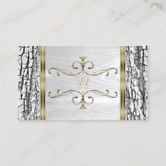 Rustige witte boom Bark Grain Gold Border Monogram Visitekaartje (Voorkant)