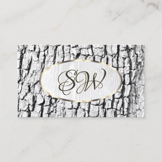 Rustige witte boom Bark Oval Gold Border Monogram Visitekaartje (Voorkant)