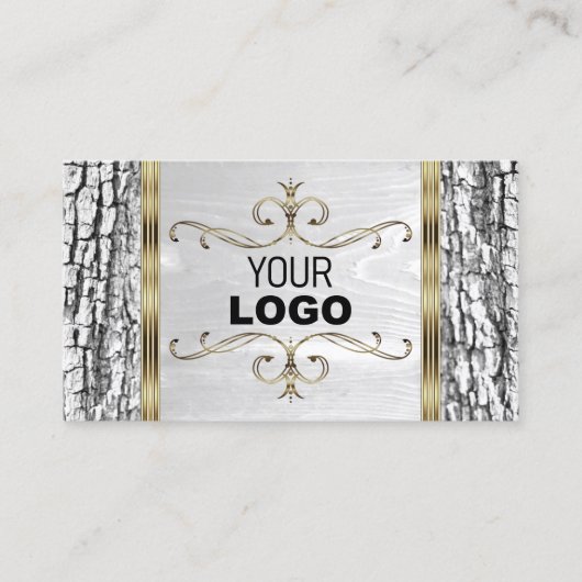 Rustige witte boomschors Hout Goud Grens Logo Visitekaartje (Voorkant)