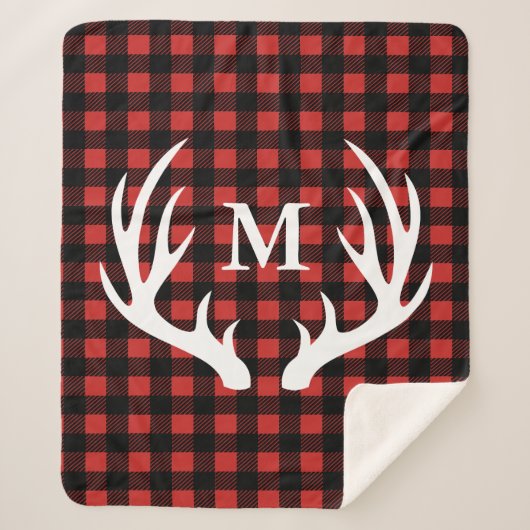 Rustige witte deer Antlers & Buffalo Check Pset Sherpa Deken (Voorkant)