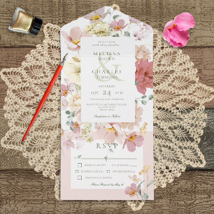Rustige Witte en Blush Roze Boho Flowers Dinner All In One Uitnodiging