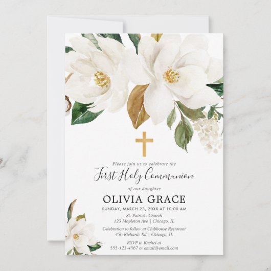 Rustige witte florale magnolia eerste communie kaart (Voorkant)