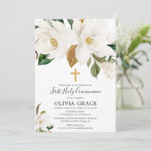 Rustige witte florale magnolia eerste communie kaart (Staand voorkant)