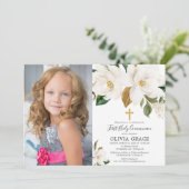 Rustige witte florale magnolia eerste communiqué f kaart (Staand voorkant)