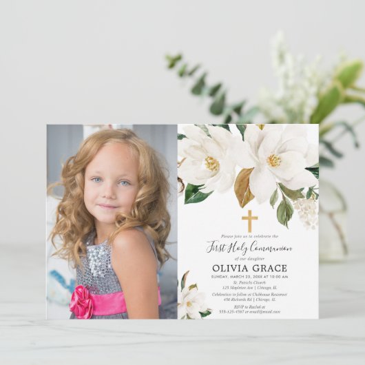 Rustige witte florale magnolia eerste communiqué f kaart (Staand voorkant)