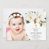 Rustige witte florale magnolia herfst baptisme fot kaart (Voorkant)