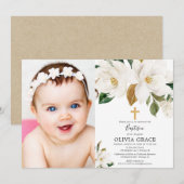 Rustige witte florale magnolia herfst baptisme fot kaart (Voorkant / Achterkant)