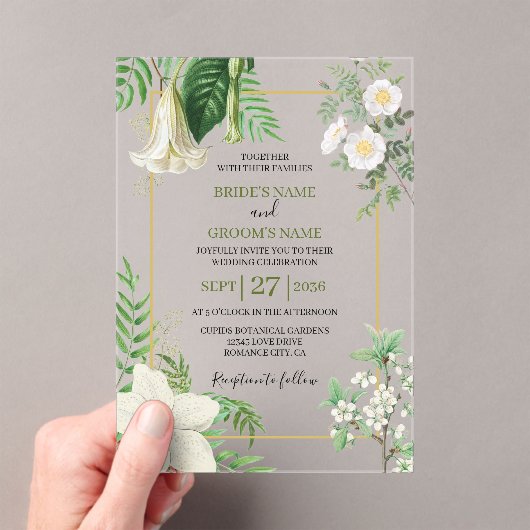 Rustige witte groene Waterverf Floral Gold Wedding Acryl Uitnodigingen (Insitu (Draagbaar))