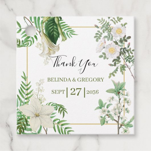 Rustige witte groene Waterverf Floral Gold Wedding Bedankjes Labels (Voorkant)