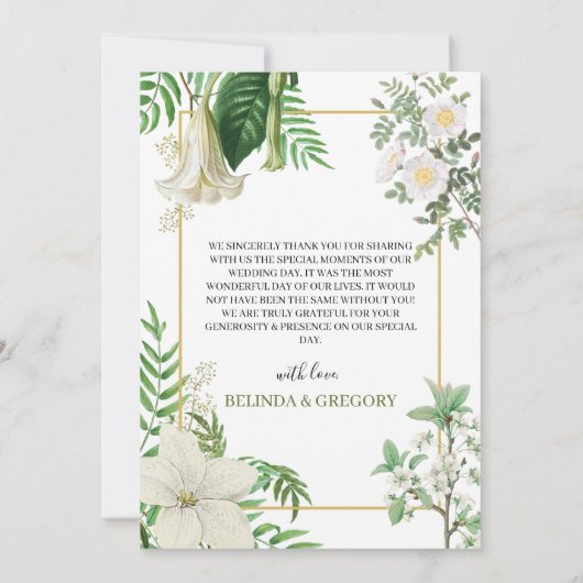Rustige witte groene Waterverf Floral Gold Wedding Bedankkaart (Achterkant)