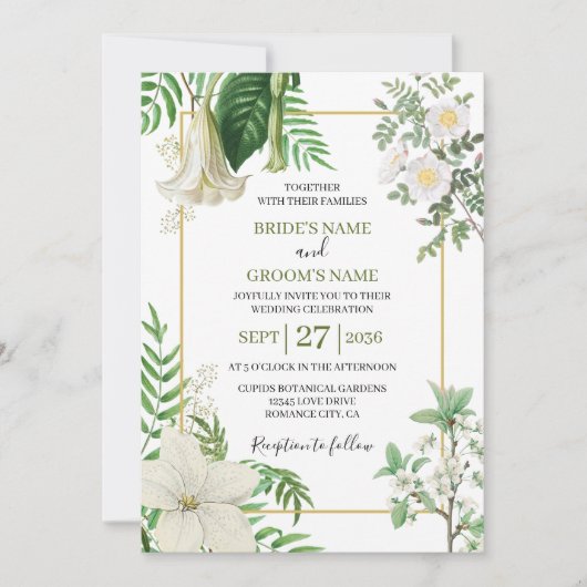 Rustige witte groene Waterverf Floral Gold Wedding Kaart (Voorkant)
