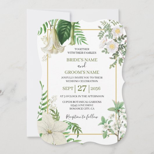 Rustige witte groene Waterverf Floral Gold Wedding Kaart (Voorkant)