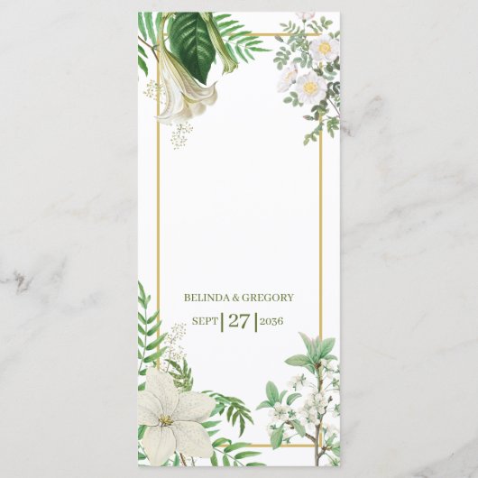 Rustige witte groene Waterverf Floral Gold Wedding Menu (Achterkant)