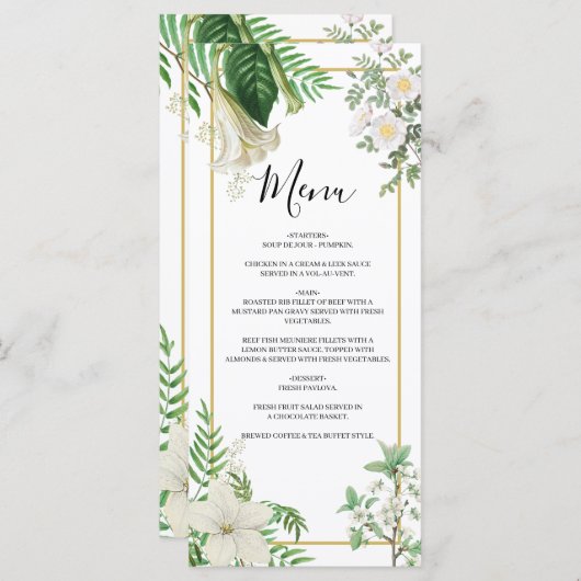 Rustige witte groene Waterverf Floral Gold Wedding Menu (Voorkant / Achterkant)