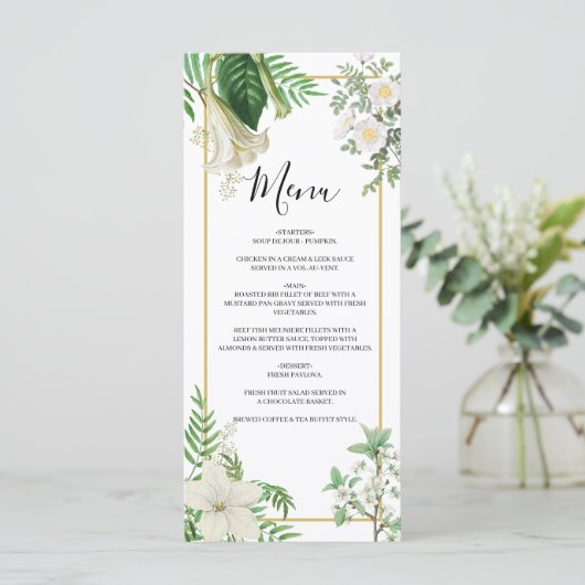 Rustige witte groene Waterverf Floral Gold Wedding Menu (Staand voorkant)