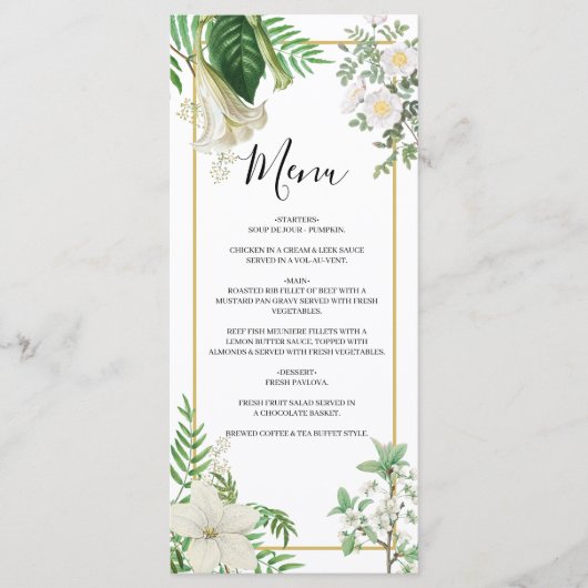 Rustige witte groene Waterverf Floral Gold Wedding Menu (Voorkant)