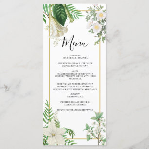 Rustige witte groene Waterverf Floral Gold Wedding Menu