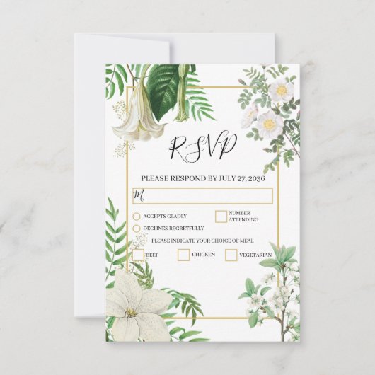 Rustige witte groene Waterverf Floral Gold Wedding RSVP Kaartje (Voorkant)