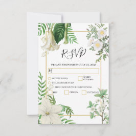 Rustige witte groene Waterverf Floral Gold Wedding RSVP Kaartje