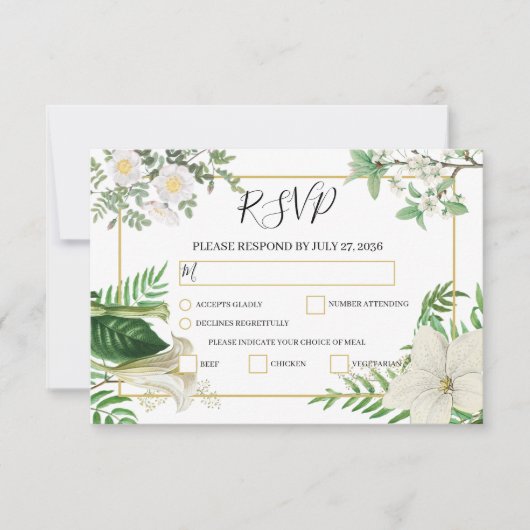 Rustige witte groene Waterverf Floral Gold Wedding RSVP Kaartje (Voorkant)