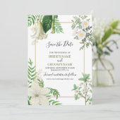 Rustige witte groene Waterverf Floral Gold Wedding Save The Date (Staand voorkant)