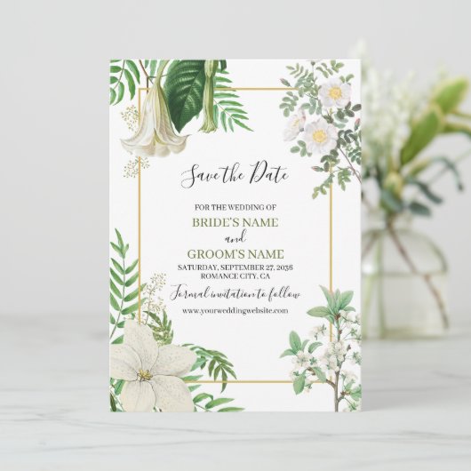 Rustige witte groene Waterverf Floral Gold Wedding Save The Date (Staand voorkant)