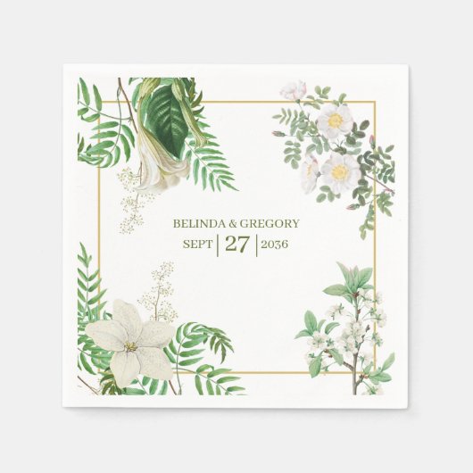 Rustige witte groene Waterverf Floral Gold Wedding Servet (Voorkant)