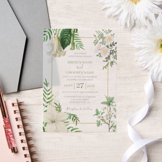 Rustige witte groene Waterverf Floral Gold Wedding Vellum Uitnodigingen (Huwelijk)