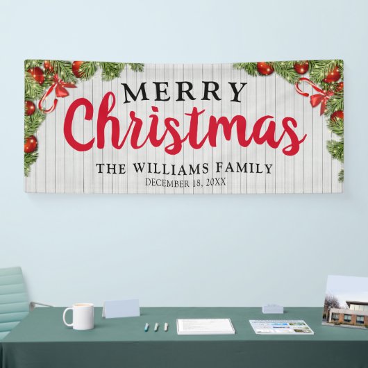 Rustige witte hout en feestelijke pine kerst spandoek (Beurs)