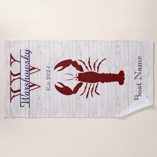 Rustige witte hout Nautical Navy Blue Rust Lobster Strandlaken (Voorkant)