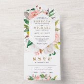 Rustige witte Magnolia Blush Pink Floral Wedding All In One Uitnodiging (Binnen)