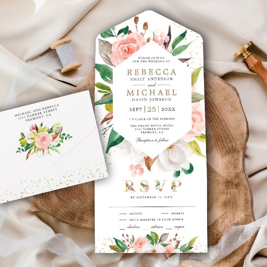 Rustige witte Magnolia Blush Pink Floral Wedding All In One Uitnodiging