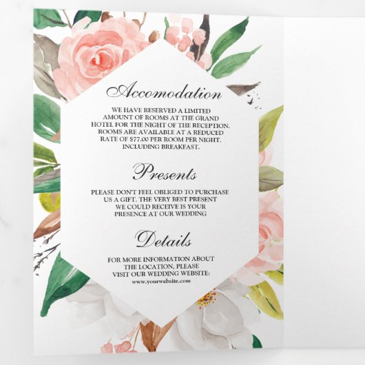 Rustige witte Magnolia Blush Pink Floral Wedding Drieluik Uitnodiging (Binnenzijde eerst)