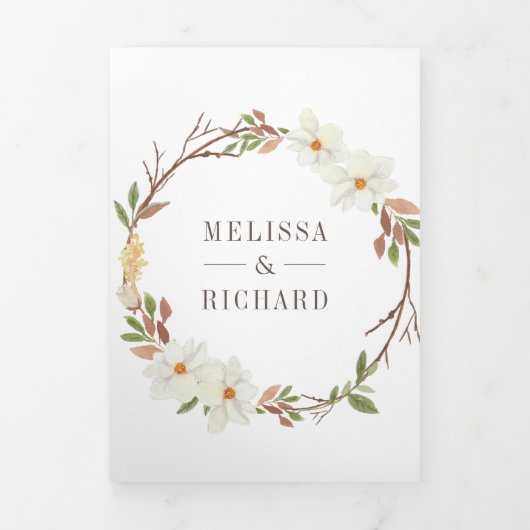 Rustige Witte Magnolia Floral QR Code Weddenschap Drieluik Uitnodiging (Cover)