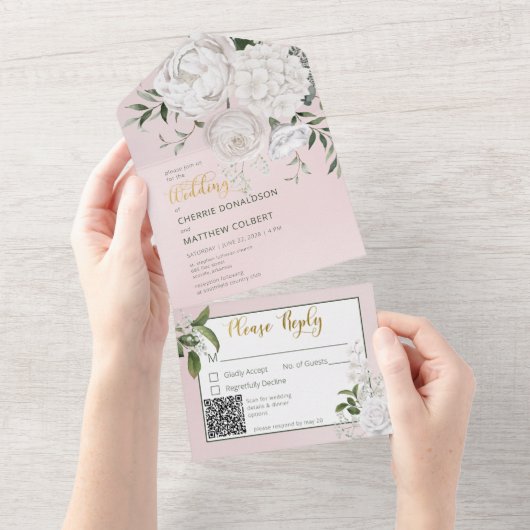 Rustige Witte pinda's Floral roze QR-code All In One Uitnodiging (Afscheurbaar)