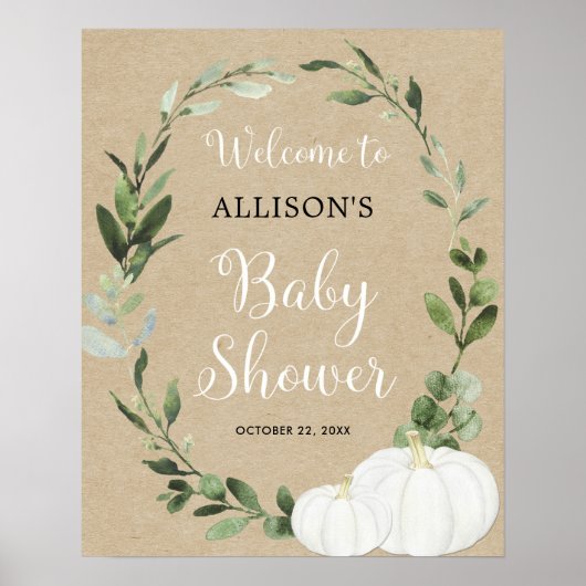 Rustige witte pompoenen baby shower, welkomstbord poster (Voorkant)