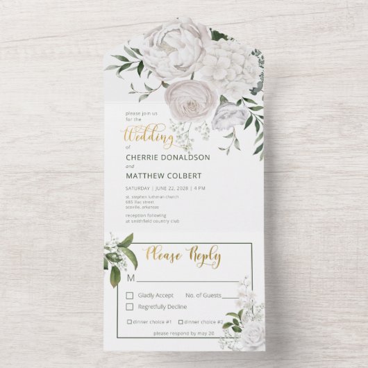 Rustige witte pony's Floral op wit diner All In One Uitnodiging (Binnen)