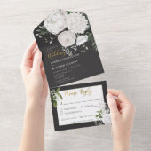 Rustige witte pony's Floral op zwart diner All In One Uitnodiging (Afscheurbaar)