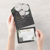 Rustige, witte pony's Floral op zwarte QR-code All In One Uitnodiging (Afscheurbaar)