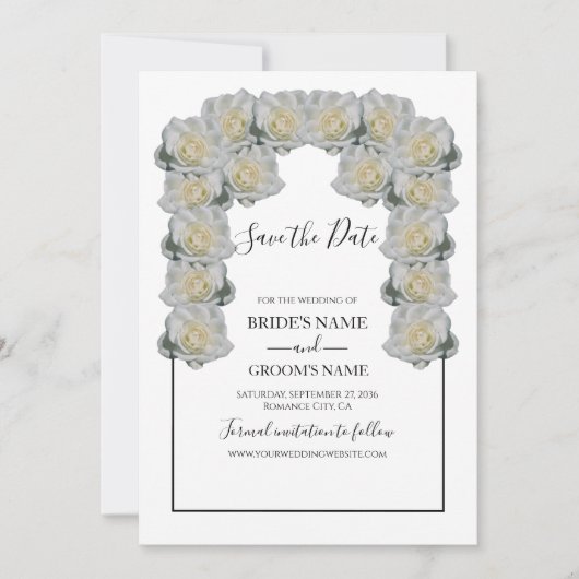 Rustige witte rozen die de datum bewaren save the date (Voorkant)