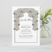 Rustige witte rozen die de datum bewaren save the date (Staand voorkant)