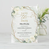 Rustige witte rozen Eucalyptus Greenery Gold Save The Date (Staand voorkant)