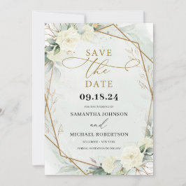 Rustige witte rozen Eucalyptus Greenery Gold Save The Date