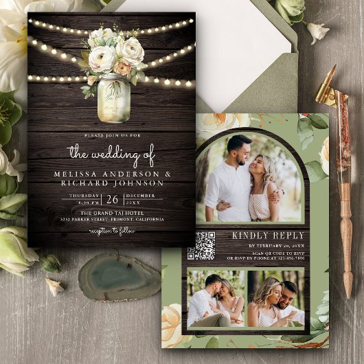 Rustige witte rozen Mason Jar QR Code Weddenschap Kaart