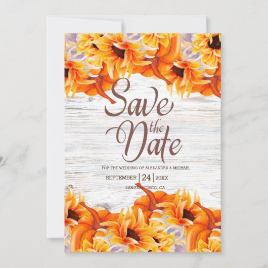 Rustige witte Waterverf pompoen zonnebloem Save The Date (Voorkant)